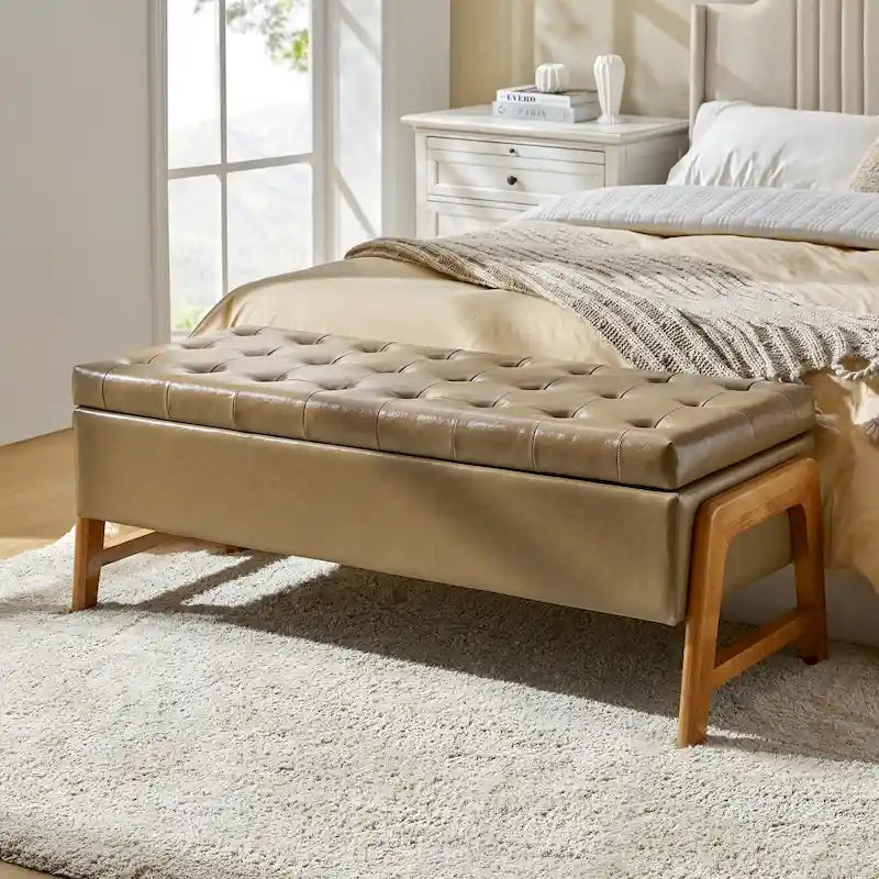 Banc de rangement rembourré Rita Mid-century Modern avec siège capitonné et pieds en bois massif par HULALA HOME