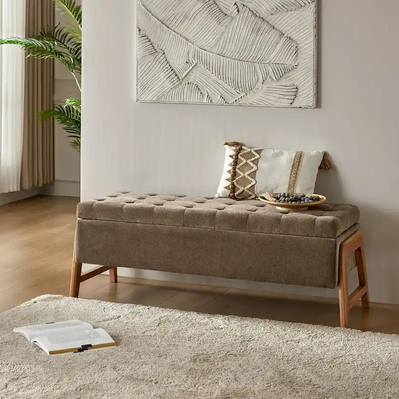 Banc de rangement rembourré Rita Mid-century Modern avec siège capitonné et pieds en bois massif par HULALA HOME