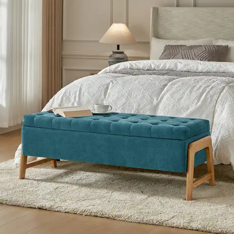 Banc de rangement rembourré Rita Mid-century Modern avec siège capitonné et pieds en bois massif par HULALA HOME