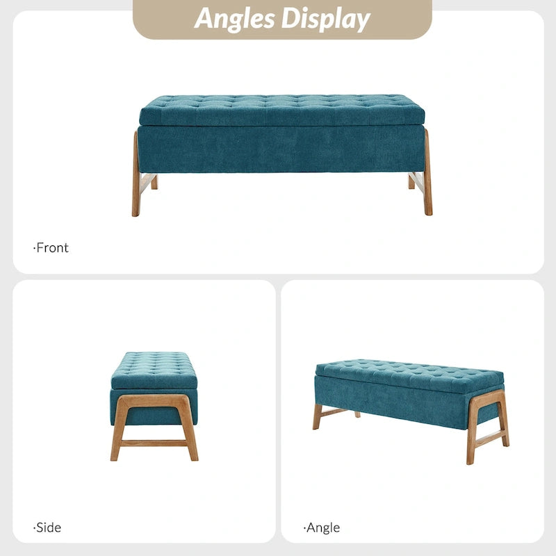 Banc de rangement rembourré Rita Mid-century Modern avec siège capitonné et pieds en bois massif par HULALA HOME