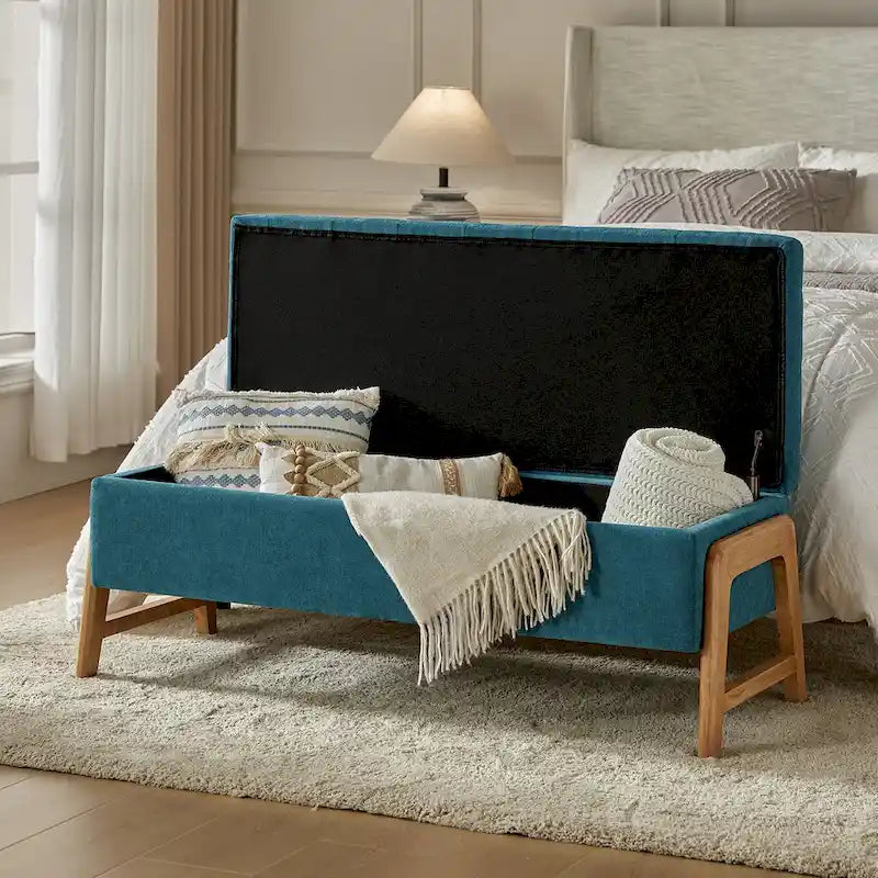 Banc de rangement rembourré Rita Mid-century Modern avec siège capitonné et pieds en bois massif par HULALA HOME