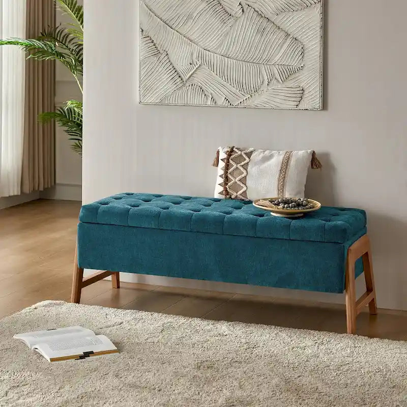 Banc de rangement rembourré Rita Mid-century Modern avec siège capitonné et pieds en bois massif par HULALA HOME
