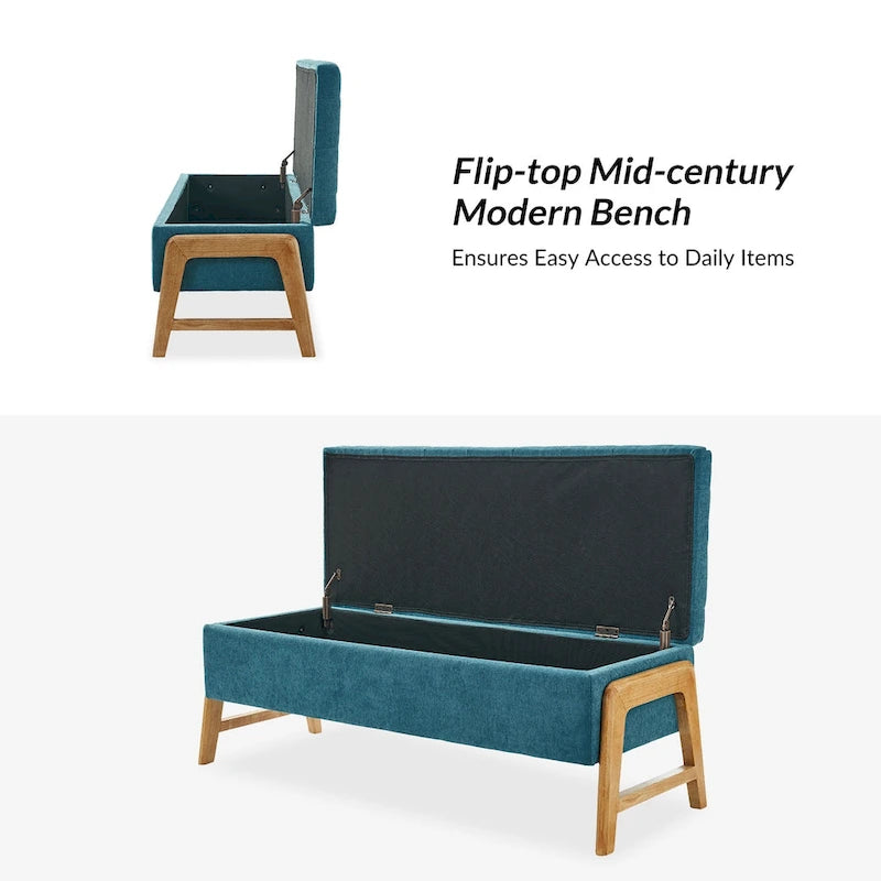 Banc de rangement rembourré Rita Mid-century Modern avec siège capitonné et pieds en bois massif par HULALA HOME