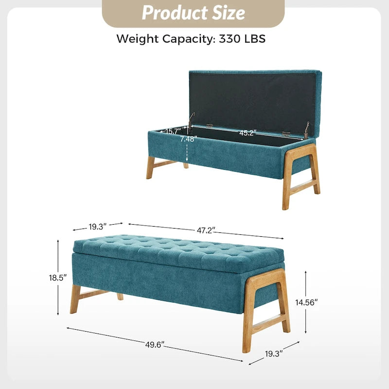 Banc de rangement rembourré Rita Mid-century Modern avec siège capitonné et pieds en bois massif par HULALA HOME