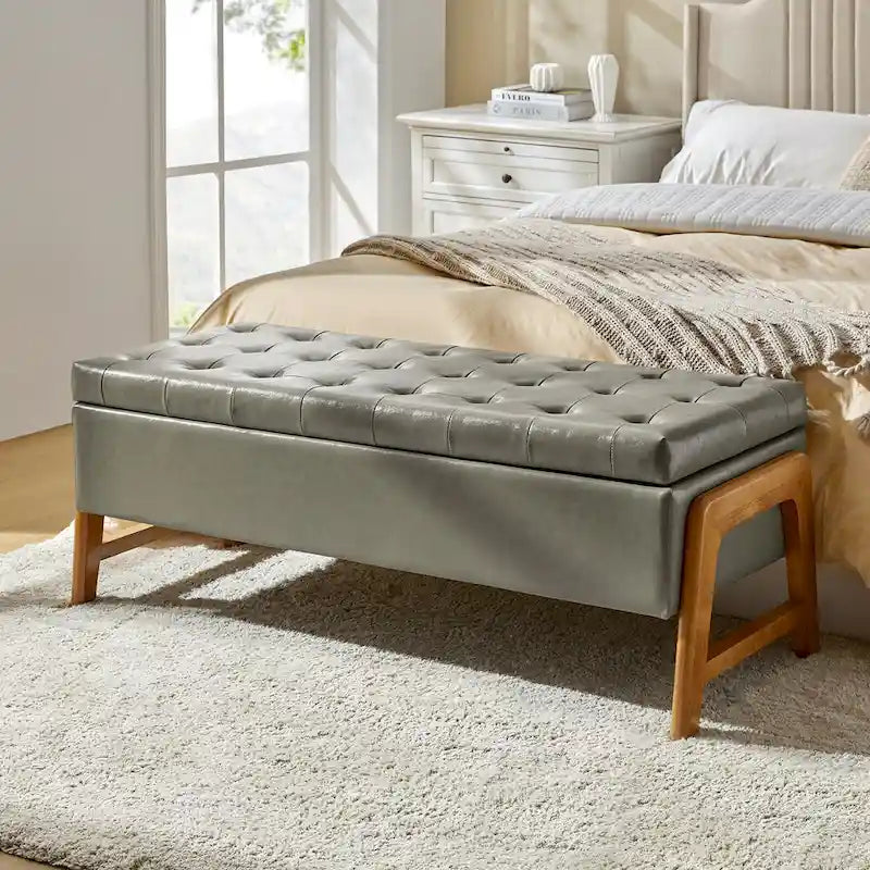Banc de rangement rembourré Rita Mid-century Modern avec siège capitonné et pieds en bois massif par HULALA HOME