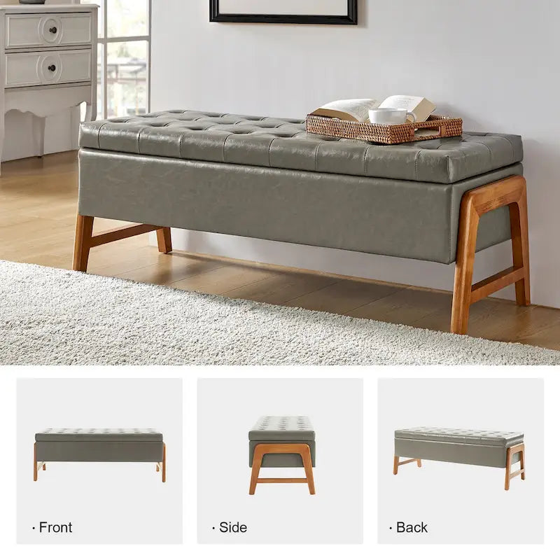 Banc de rangement rembourré Rita Mid-century Modern avec siège capitonné et pieds en bois massif par HULALA HOME