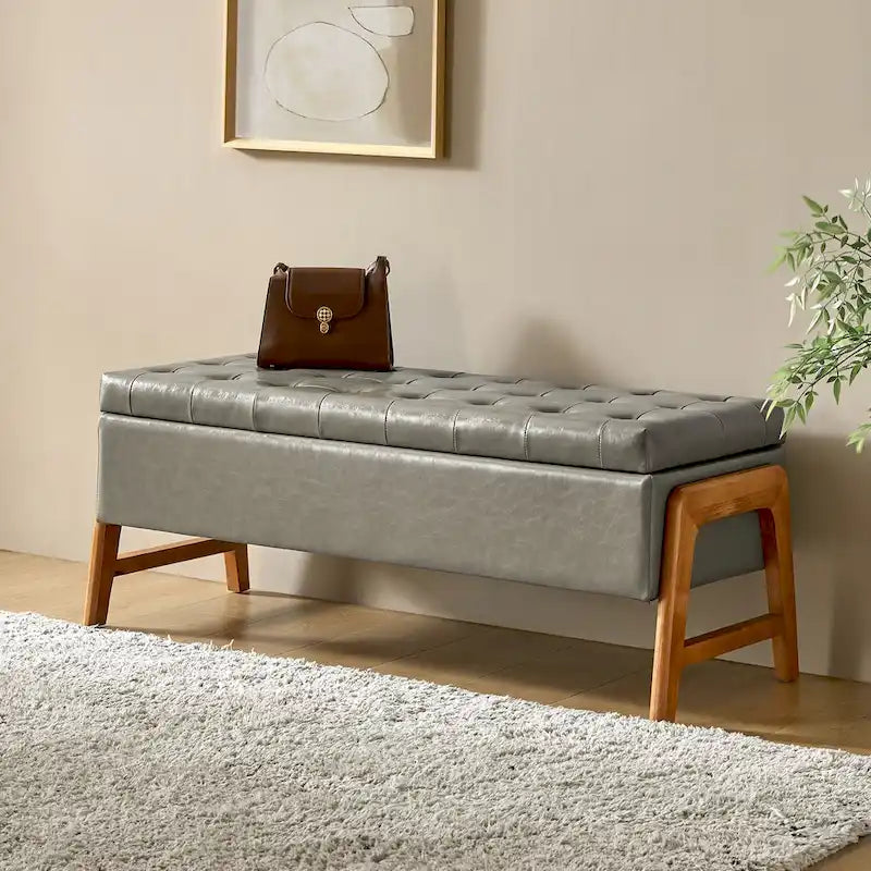 Banc de rangement rembourré Rita Mid-century Modern avec siège capitonné et pieds en bois massif par HULALA HOME