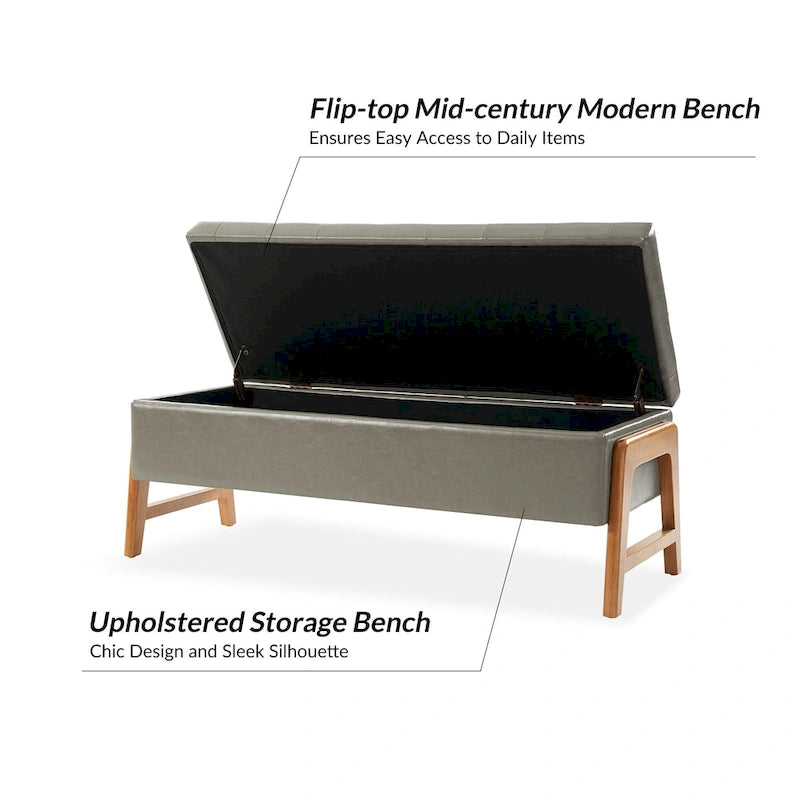 Banc de rangement rembourré Rita Mid-century Modern avec siège capitonné et pieds en bois massif par HULALA HOME