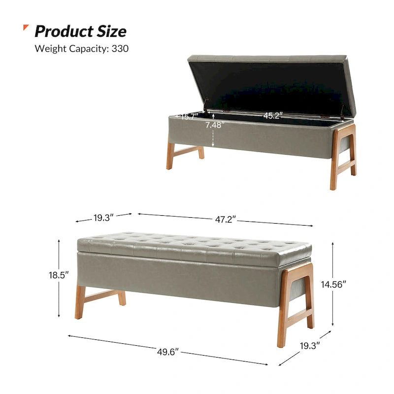 Banc de rangement rembourré Rita Mid-century Modern avec siège capitonné et pieds en bois massif par HULALA HOME