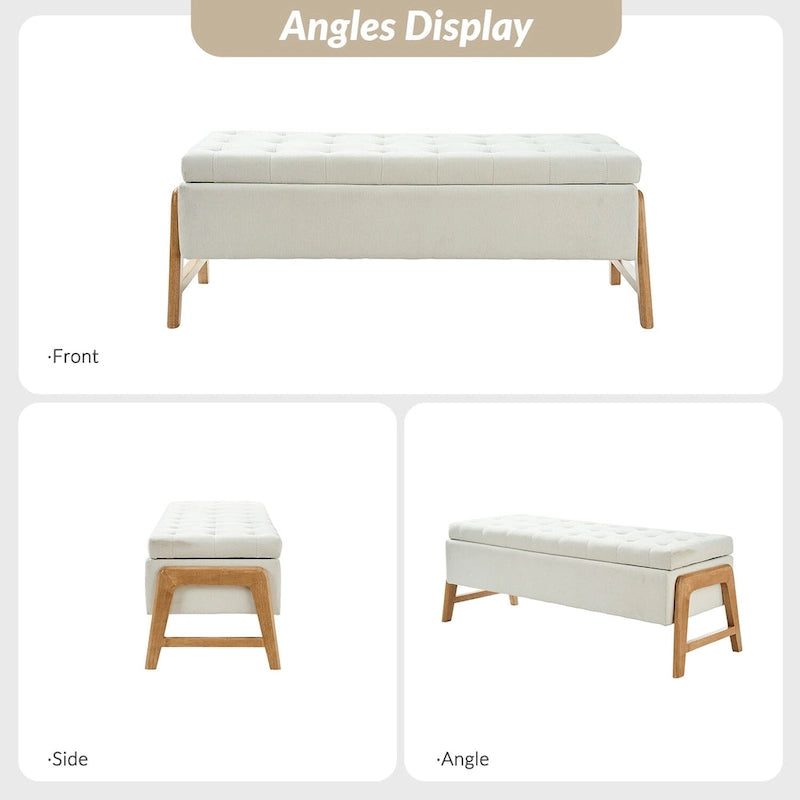 Banc de rangement rembourré Rita Mid-century Modern avec siège capitonné et pieds en bois massif par HULALA HOME