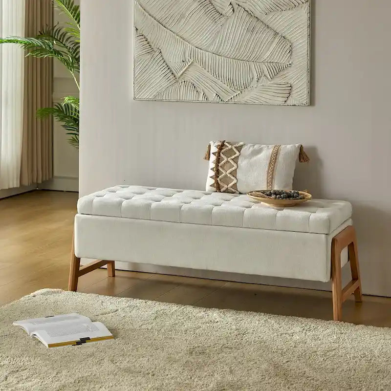 Banc de rangement rembourré Rita Mid-century Modern avec siège capitonné et pieds en bois massif par HULALA HOME