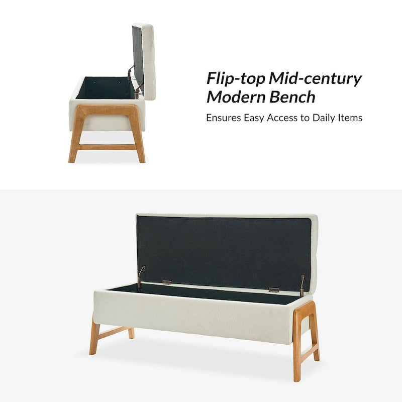 Banc de rangement rembourré Rita Mid-century Modern avec siège capitonné et pieds en bois massif par HULALA HOME