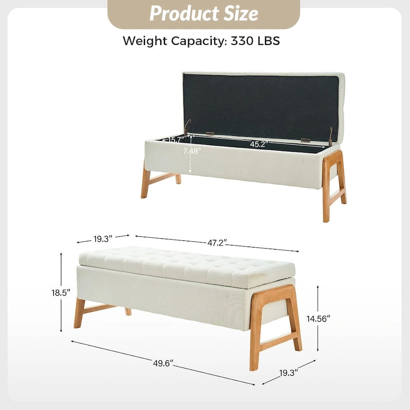 Banc de rangement rembourré Rita Mid-century Modern avec siège capitonné et pieds en bois massif par HULALA HOME