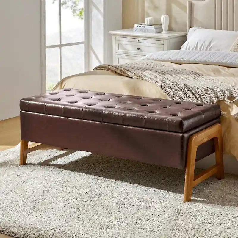 Banc de rangement rembourré Rita Mid-century Modern avec siège capitonné et pieds en bois massif par HULALA HOME
