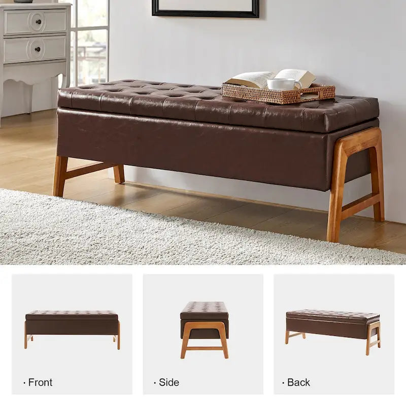 Banc de rangement rembourré Rita Mid-century Modern avec siège capitonné et pieds en bois massif par HULALA HOME