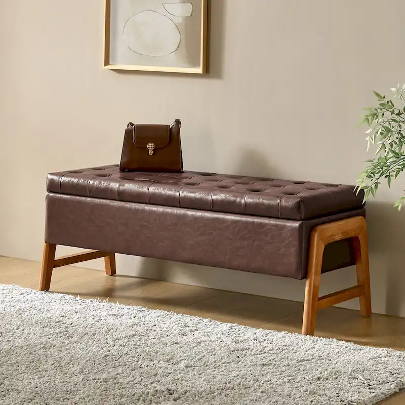 Banc de rangement rembourré Rita Mid-century Modern avec siège capitonné et pieds en bois massif par HULALA HOME