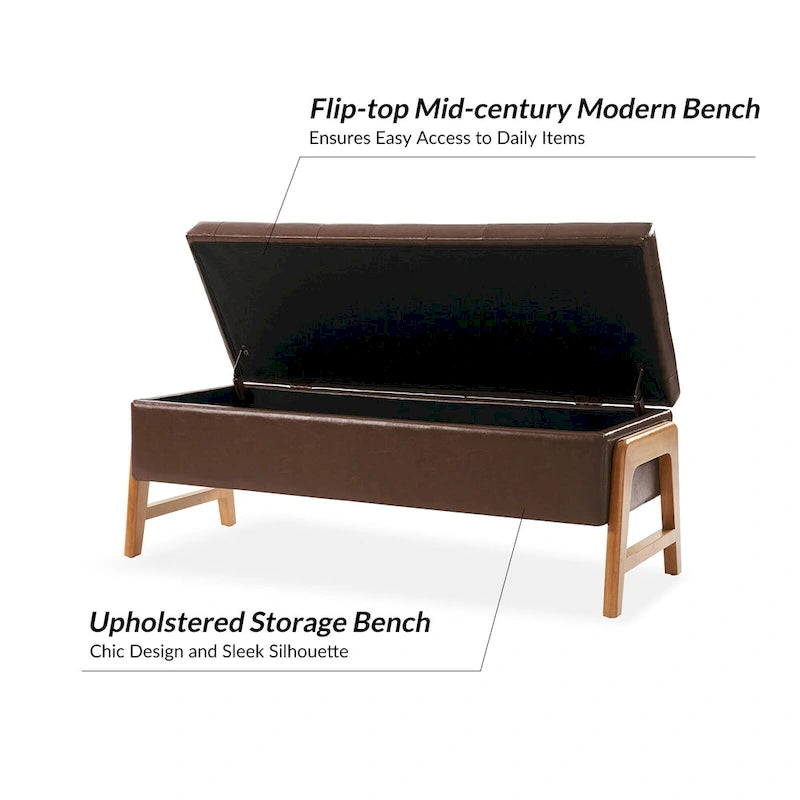 Banc de rangement rembourré Rita Mid-century Modern avec siège capitonné et pieds en bois massif par HULALA HOME