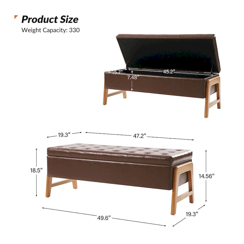 Banc de rangement rembourré Rita Mid-century Modern avec siège capitonné et pieds en bois massif par HULALA HOME