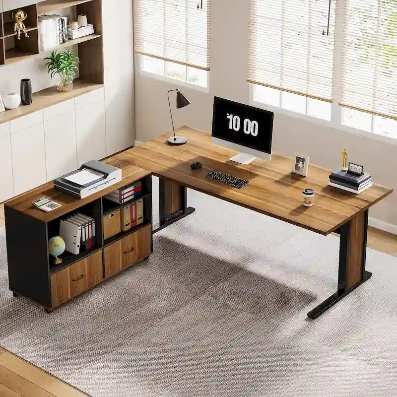 Ensemble de bureau d'angle exécutif et caisson de classement mobile 63 po pour bureau à domicile