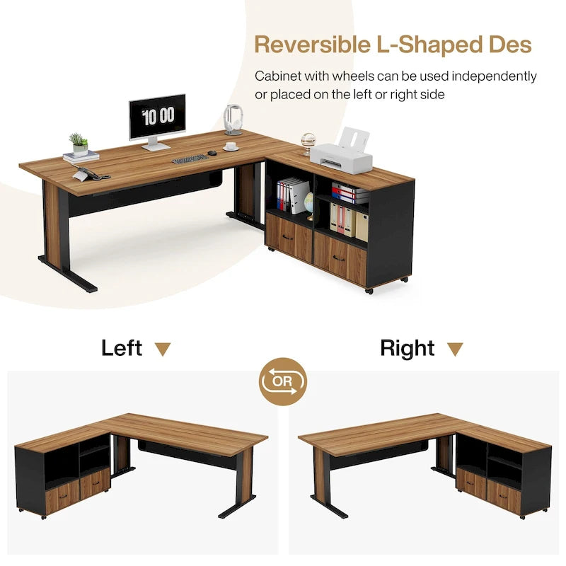 Ensemble de bureau d'angle exécutif et caisson de classement mobile 63 po pour bureau à domicile