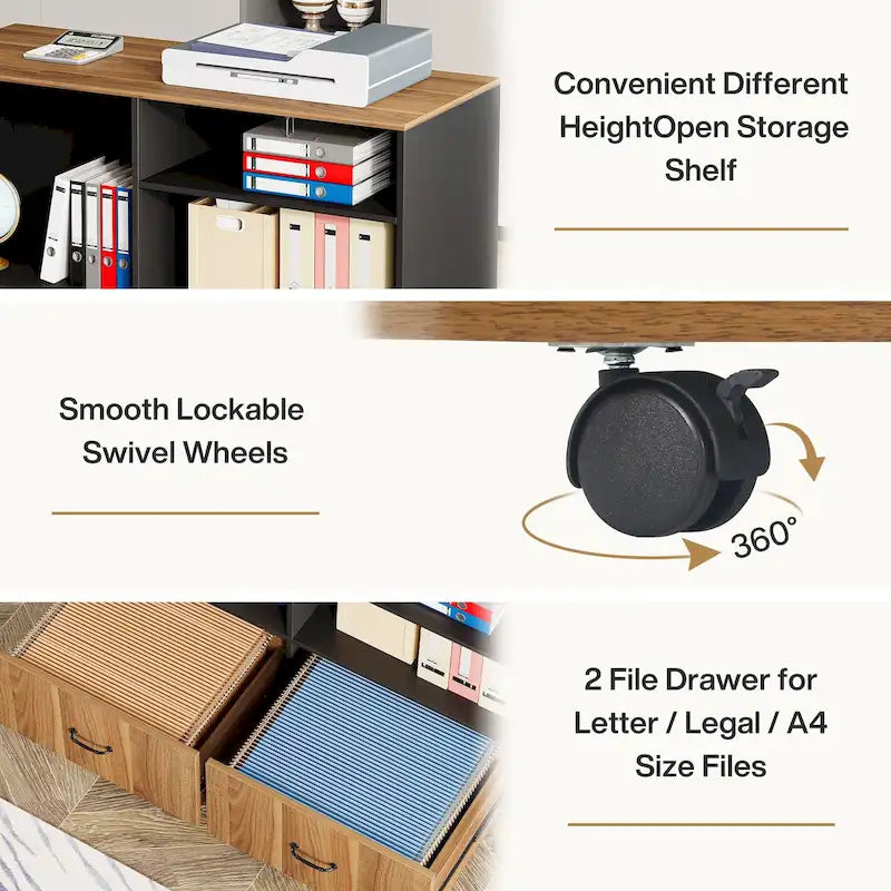 Ensemble de bureau d'angle exécutif et caisson de classement mobile 63 po pour bureau à domicile