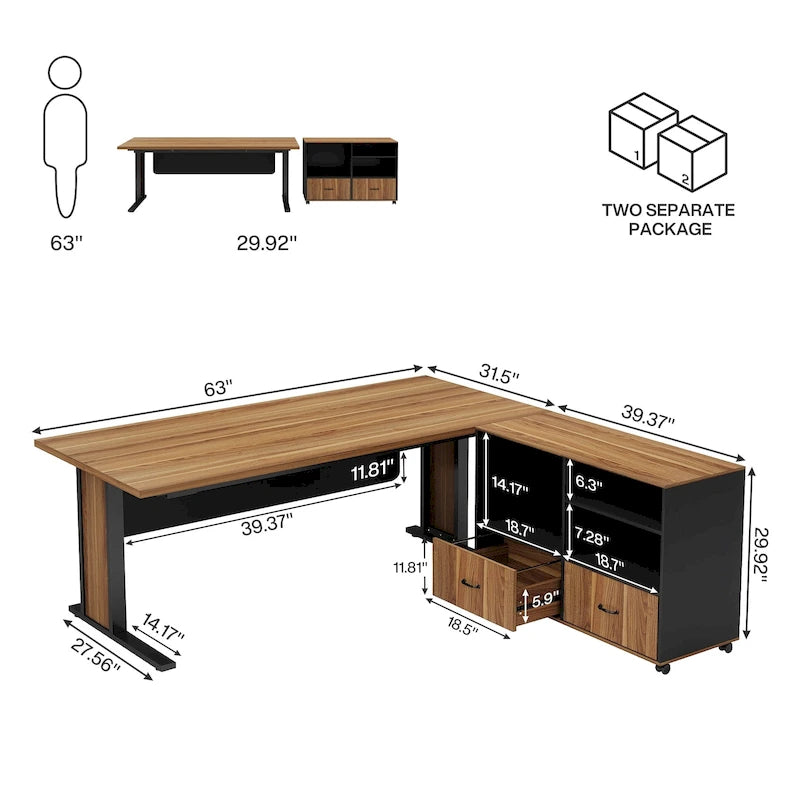 Ensemble de bureau d'angle exécutif et caisson de classement mobile 63 po pour bureau à domicile