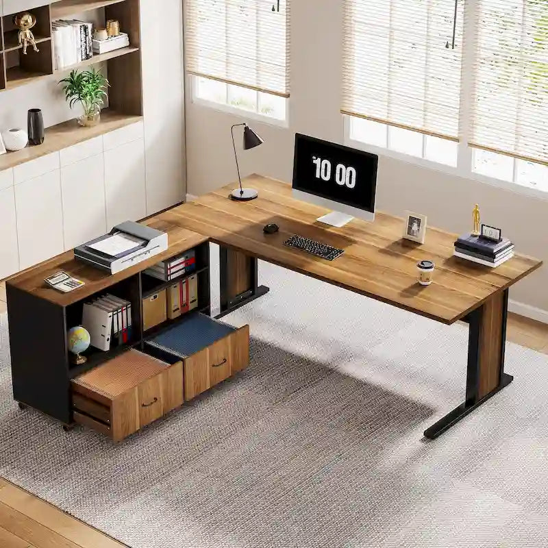 Ensemble de bureau d'angle exécutif et caisson de classement mobile 63 po pour bureau à domicile