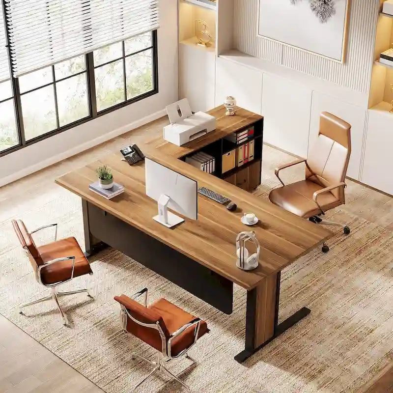 Ensemble de bureau d'angle exécutif et caisson de classement mobile 63 po pour bureau à domicile