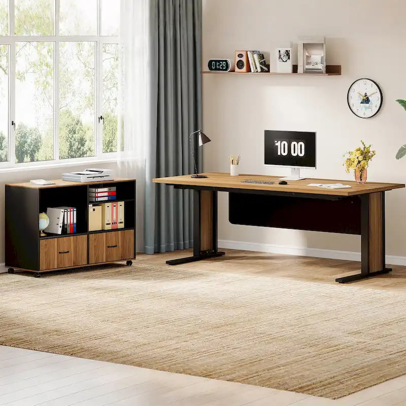 Ensemble de bureau d'angle exécutif et caisson de classement mobile 63 po pour bureau à domicile
