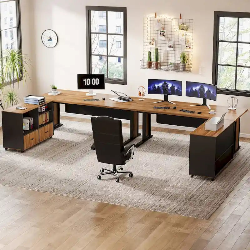 Ensemble de bureau d'angle exécutif et caisson de classement mobile 63 po pour bureau à domicile