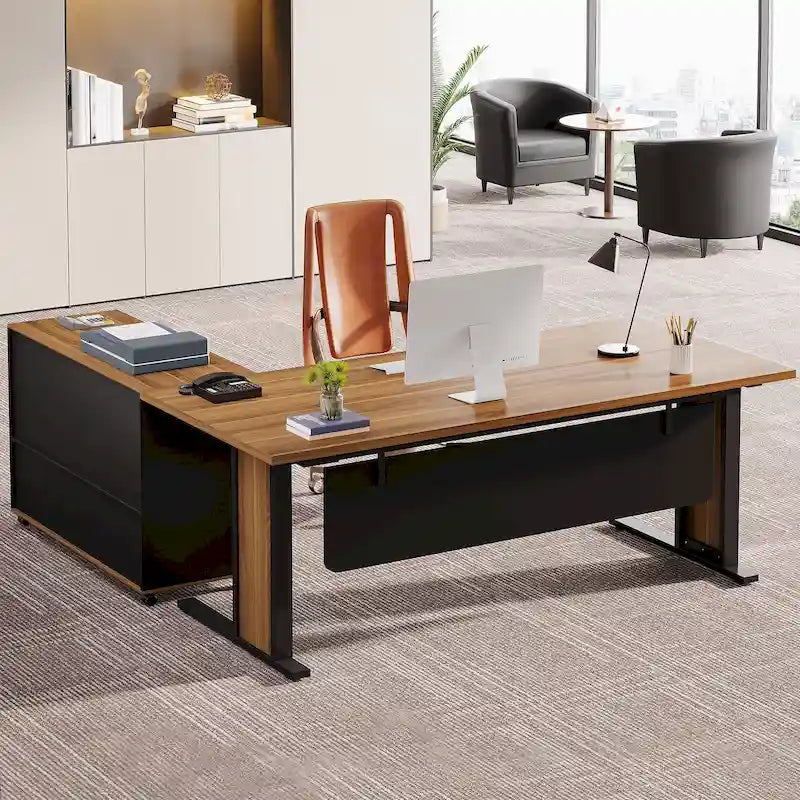 Ensemble de bureau d'angle exécutif et caisson de classement mobile 63 po pour bureau à domicile