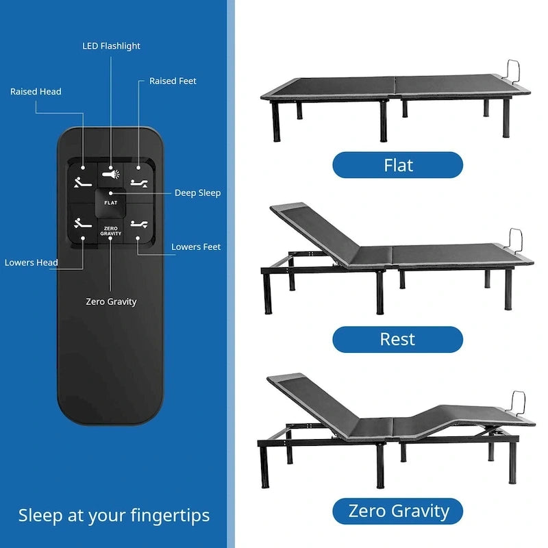 Sommier articulé, Inclinaison tête et pieds, Télécommande sans fil, Sommier réglable Zéro Gravité