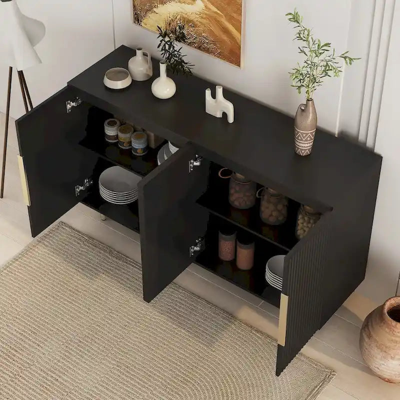 Buffet cannelé, Noir / Blanc – Étagères réglables