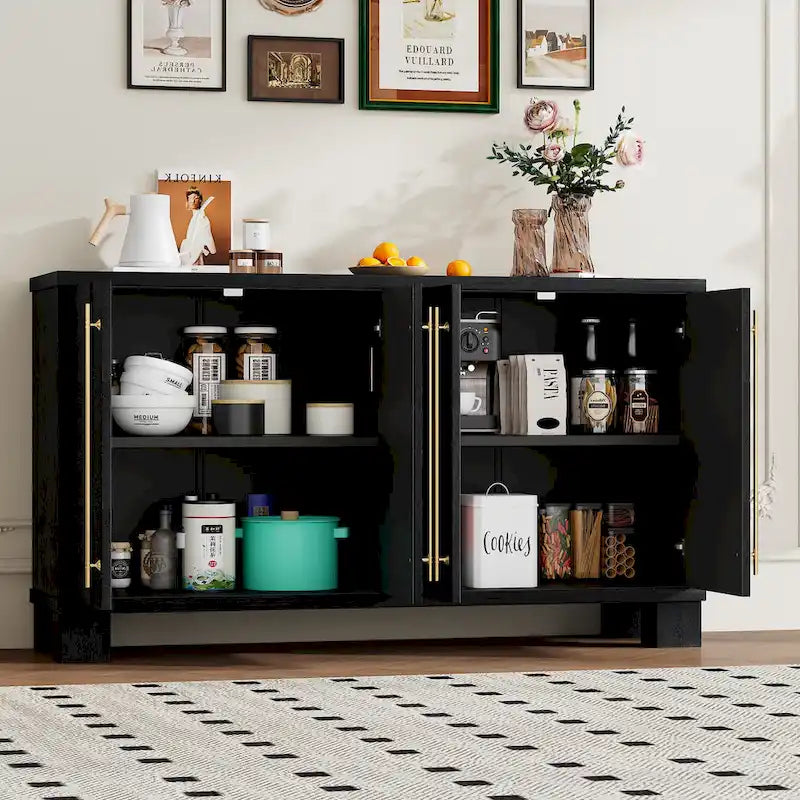 Buffet en bois avec étagères réglables et poignées dorées