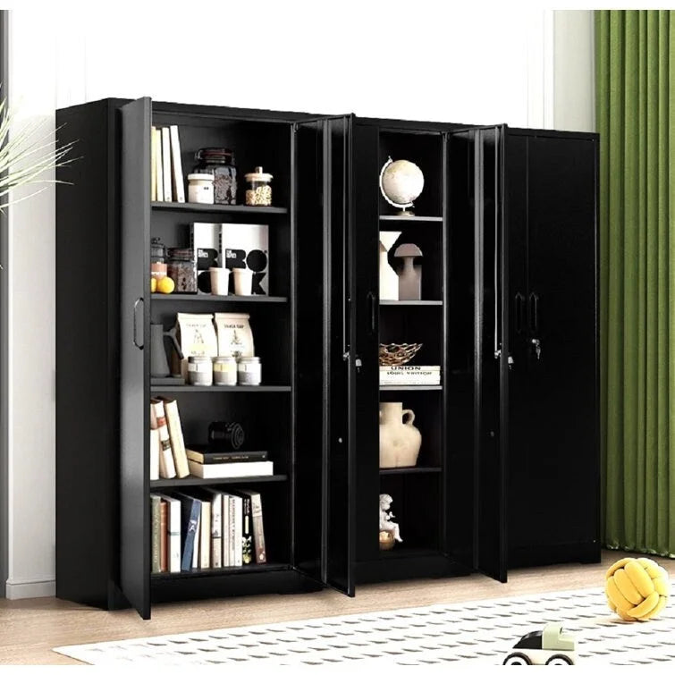 Armoire de rangement métallique 180 cm, 2 portes verrouillables, 4 étagères réglables – Noir / Blanc crème / Gris, assemblage par 1 personne