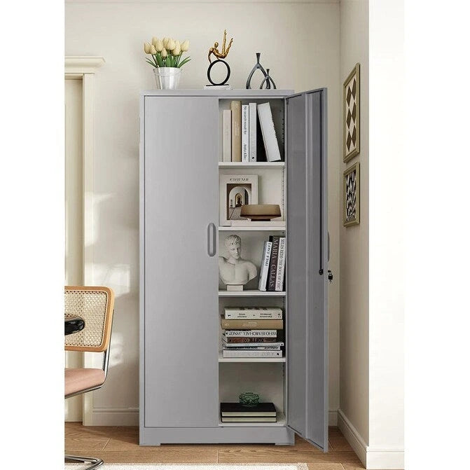 Armoire de rangement métallique 180 cm, 2 portes verrouillables, 4 étagères réglables – Noir / Blanc crème / Gris, assemblage par 1 personne