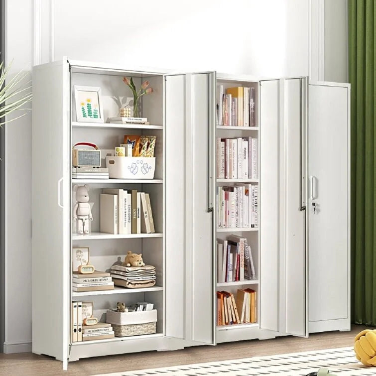 Armoire de rangement métallique 180 cm, 2 portes verrouillables, 4 étagères réglables – Noir / Blanc crème / Gris, assemblage par 1 personne