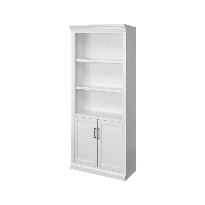 Bibliothèque basse avec portes finition bois blanc, étagères ouvertes, utilisateur unique, entièrement assemblée