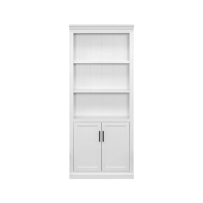 Bibliothèque basse avec portes finition bois blanc, étagères ouvertes, utilisateur unique, entièrement assemblée