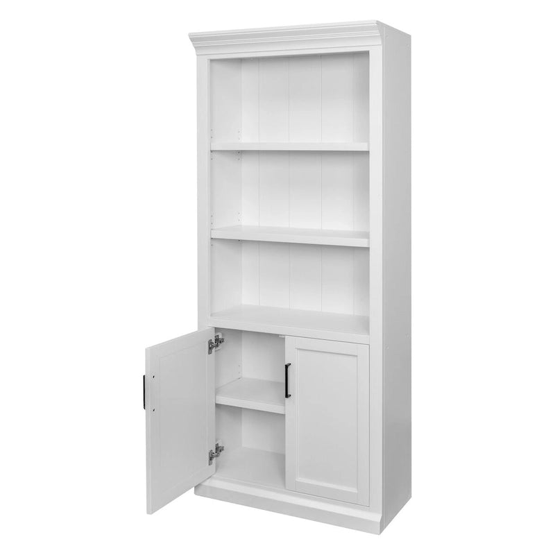 Bibliothèque basse avec portes finition bois blanc, étagères ouvertes, utilisateur unique, entièrement assemblée