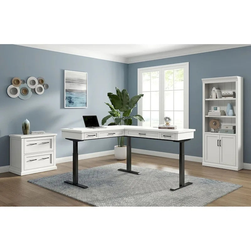 Bibliothèque basse avec portes finition bois blanc, étagères ouvertes, utilisateur unique, entièrement assemblée