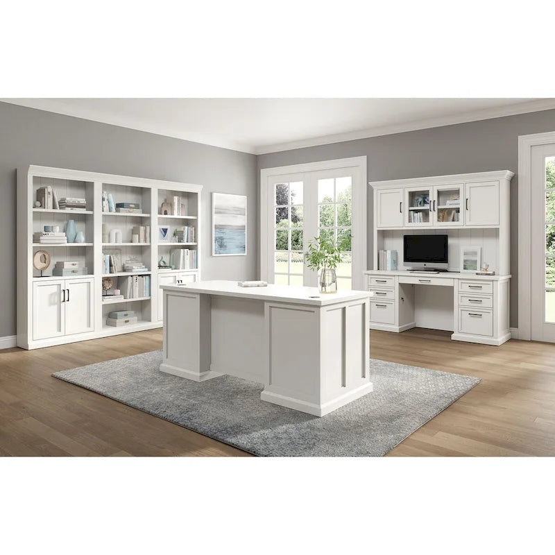 Bibliothèque basse avec portes finition bois blanc, étagères ouvertes, utilisateur unique, entièrement assemblée