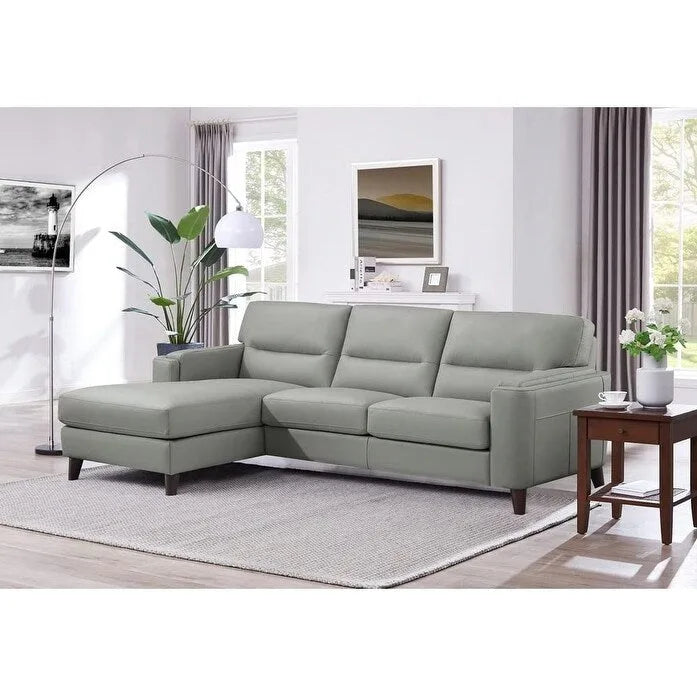 Canapé d'angle en cuir pleine fleur Hydeline Elm avec chaise longue, plumes, mousse à mémoire de forme et ressorts