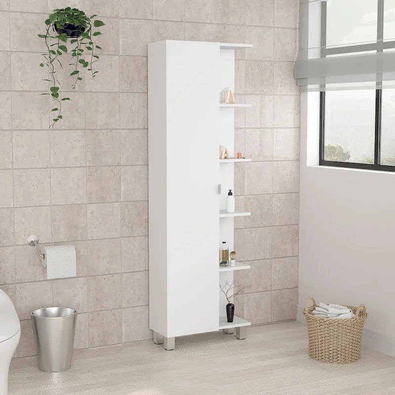 Meuble d'angle de salle de bain blanc, une porte, cinq étagères ouvertes