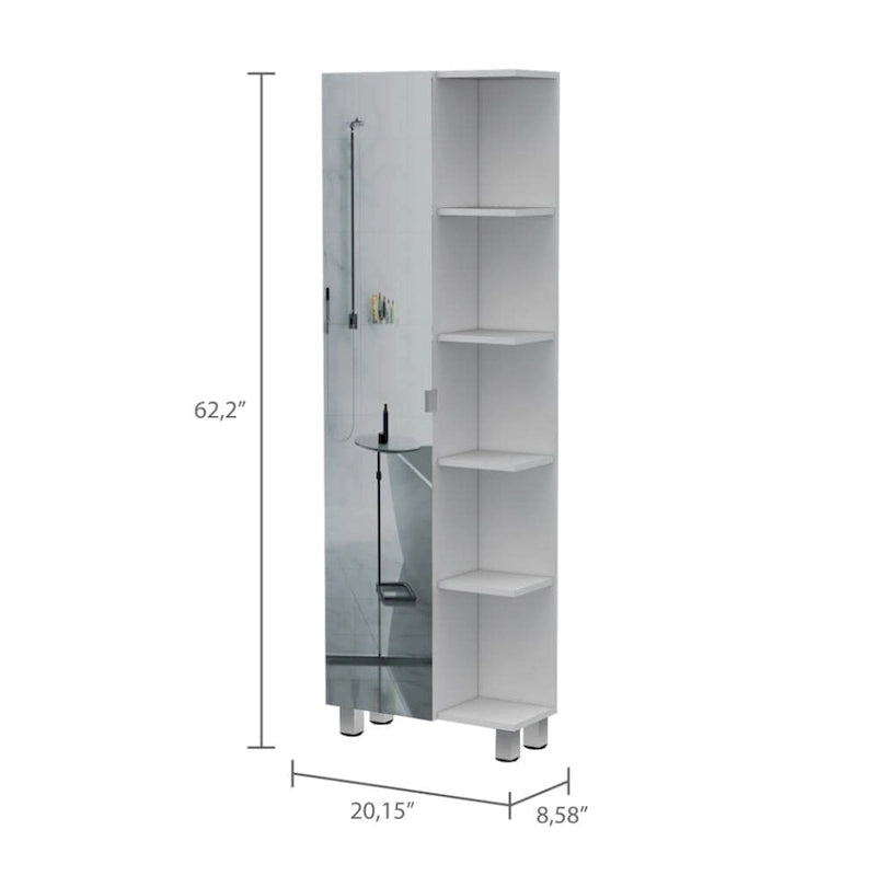Meuble d'angle de salle de bain blanc, une porte, cinq étagères ouvertes