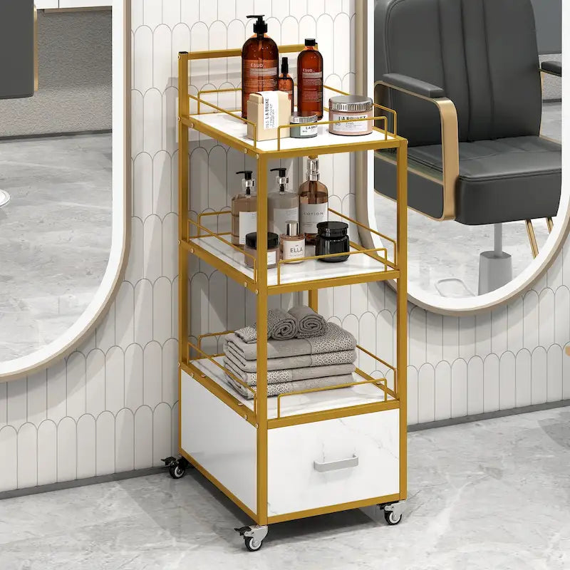 Chariot de rangement pour salon de beauté, avec roues verrouillables, cadre en métal, planche marbrée, tiroir, mobilier de salon de coiffure