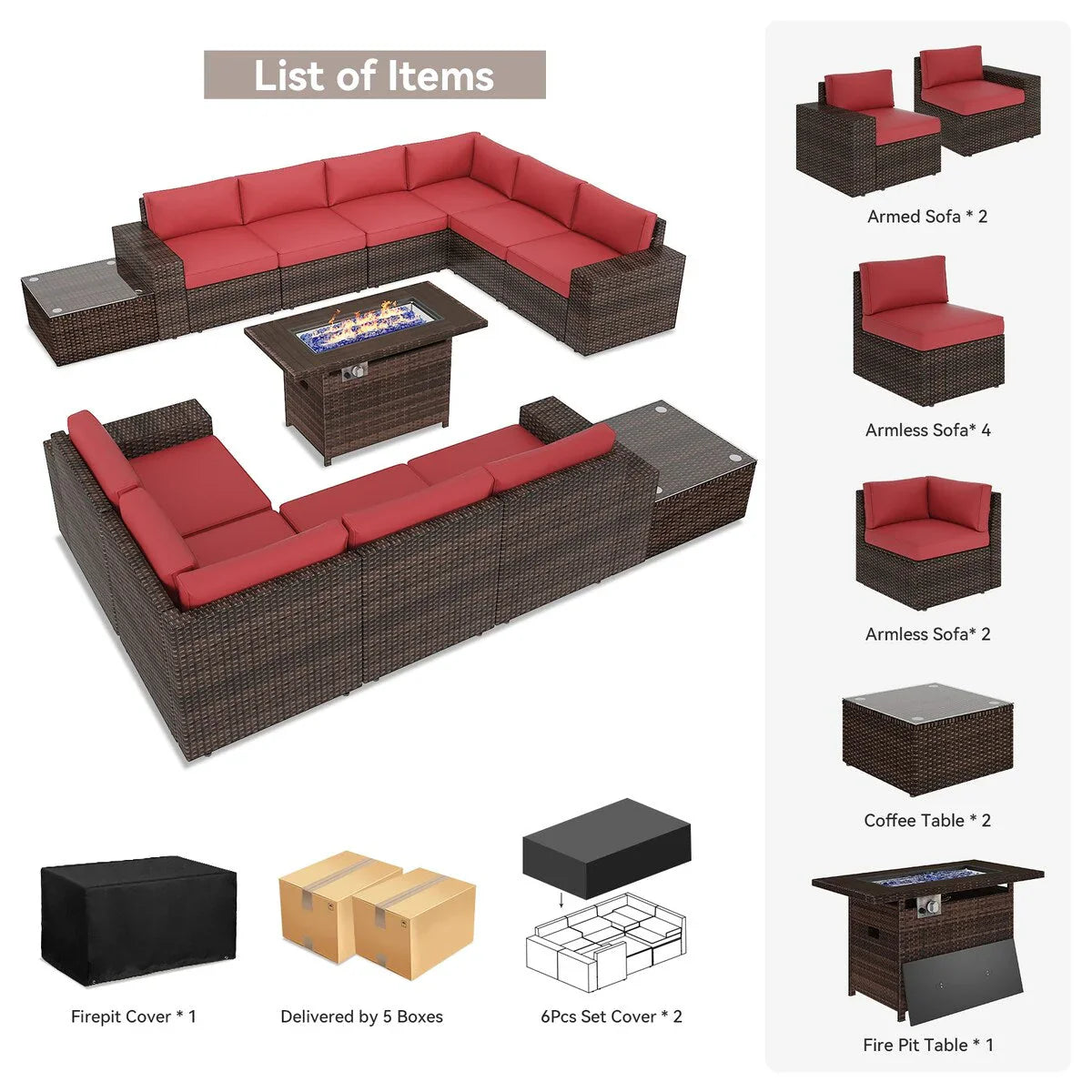 Ensemble de mobilier de jardin 13 pièces avec table brasero de 44 pouces