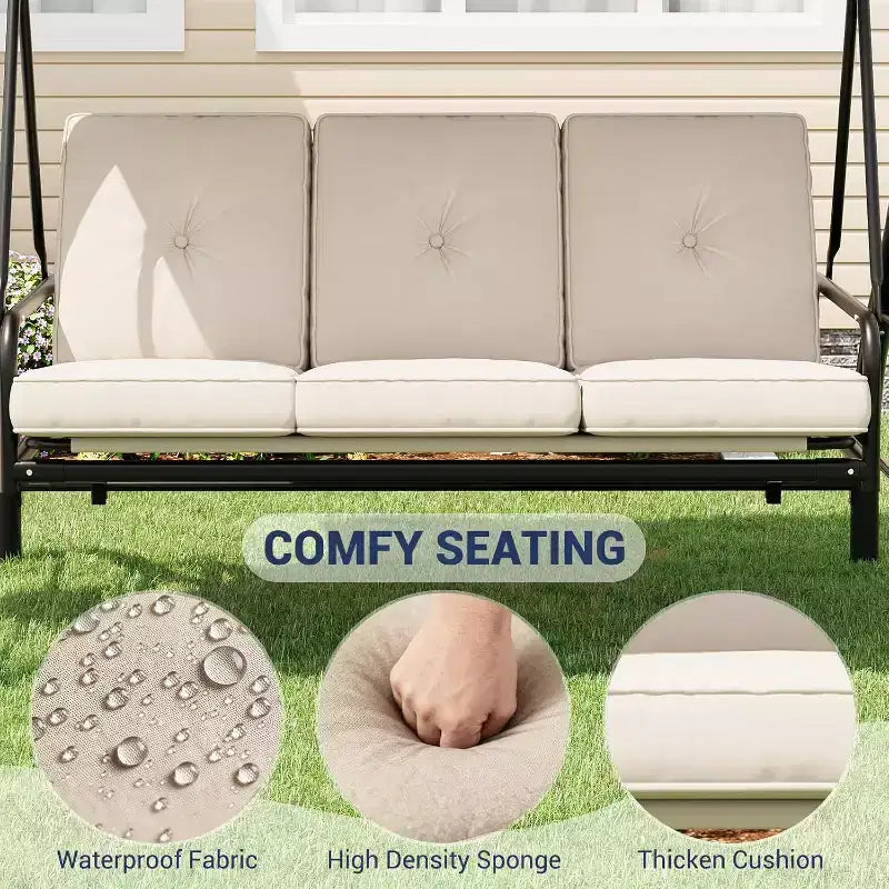 Balançoire de jardin convertible 2-en-1 à 3 places avec auvent réglable, lit de balançoire de patio avec support, coussins épais et porte-gobelets, pour jardin, cour ou porche