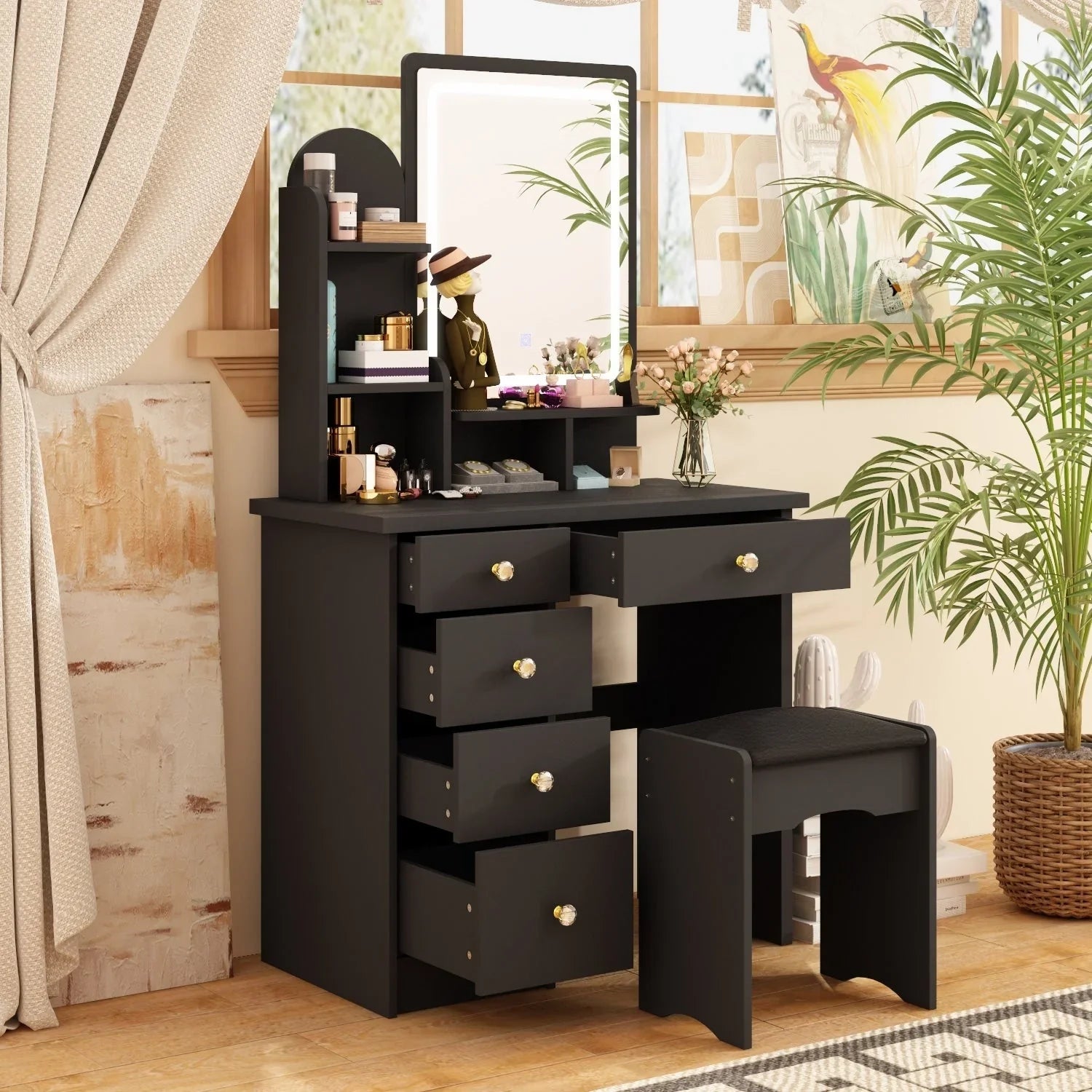 Coiffeuse avec miroir LED intégré et tabouret