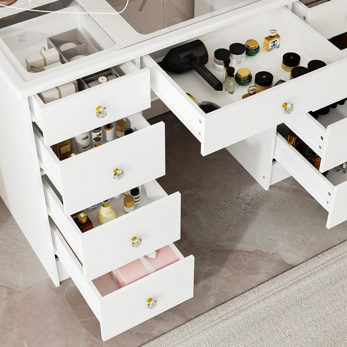 Coiffeuse avec miroir triptyque éclairage certifié et plateau en verre